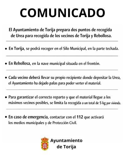 EL AYUNTAMIENTO DE TORIJA ACTIVÓ EL OPERATIVO INVERNAL, ABRIENDO PUNTOS DE RECOGIDA DE UREA PARA LOS VECINOS