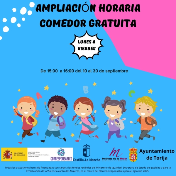 CONCILIACIÓN FAMILIAR EN TORIJA: HORA EXTRA GRATUITA EN EL COMEDOR ESCOLAR DURANTE TODO SEPTIEMBRE