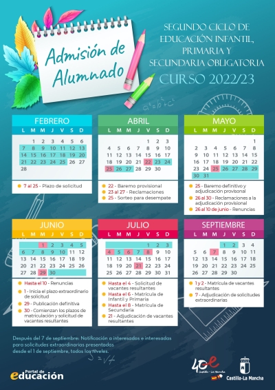 Calendario del proceso de Admisión de Alumnado para el curso 2022/2023 en el Segundo Ciclo de Educación Infantil, Primaria, Secundaria Obligatoria y Bachillerato.