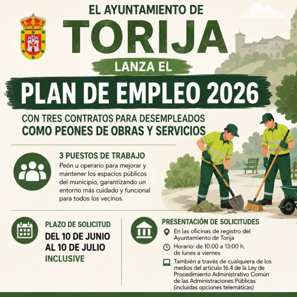EL AYUNTAMIENTO DE TORIJA LANZA EL PLAN DE EMPLEO 2026 CON TRES CONTRATOS PARA DESEMPLEADOS COMO PEONES DE OBRAS Y SERVICIOS