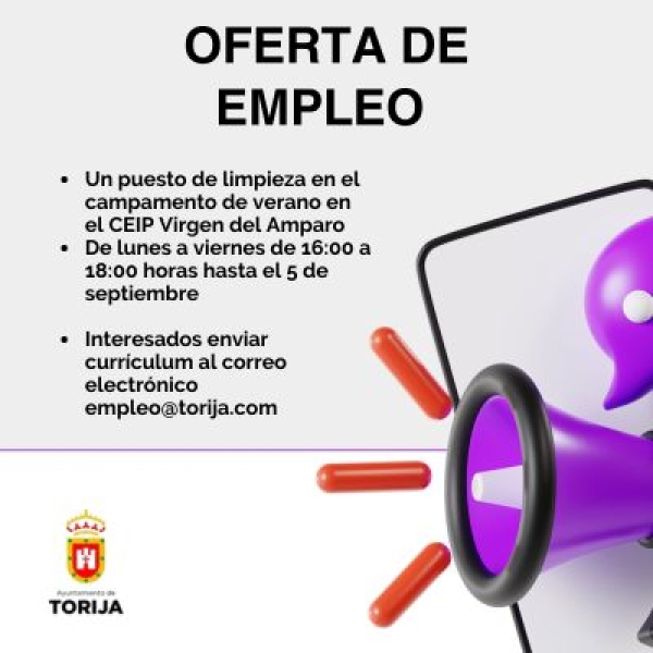 OFERTA DE EMPLEO PARA LIMPIEZA DEL CAMPAMENTO DE VERANO EN TORIJA