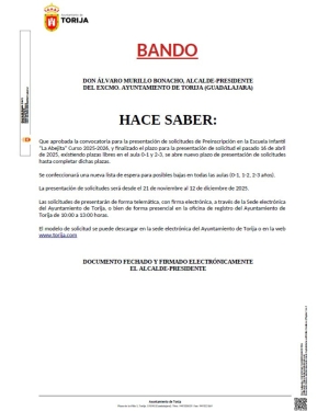 EL AYUNTAMIENTO DE TORIJA REABRE EL PLAZO DE INSCRIPCIÓN PARA LA ESCUELA INFANTIL &quot;LA ABEJITA&quot; HASTA EL 12 DE DICIEMBRE