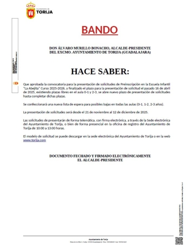 EL AYUNTAMIENTO DE TORIJA REABRE EL PLAZO DE INSCRIPCIÓN PARA LA ESCUELA INFANTIL &quot;LA ABEJITA&quot; HASTA EL 12 DE DICIEMBRE