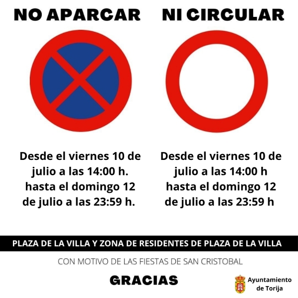 PROHIBICIONES DE APARCAMIENTO Y CIRCULACIÓN EN EL RECORRIDO DEL ENCIERRO, PLAZA DE LA VILLA Y ZONA DE APARCAMIENTO DE RESIDENTES POR LAS FIESTAS DE SAN CRISTÓBAL