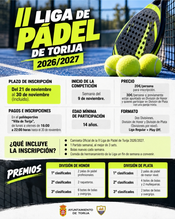 SE ABRE LA INSCRIPCIÓN PARA LA II LIGA DE PÁDEL LOCAL DE TORIJA 2026/2027 HASTA EL 30 DE NOVIEMBRE