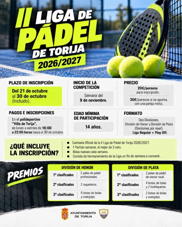 SE ABRE LA INSCRIPCIÓN PARA LA II LIGA DE PÁDEL LOCAL DE TORIJA 2026/2027 HASTA EL 30 DE OCTUBRE