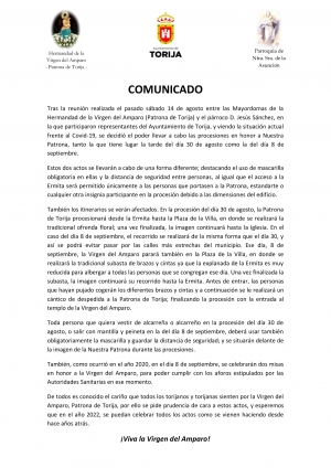 Comunicado conjunto de la Hermandad de Ntra. Sra. del Amparo, Parroquia de Ntra. Sra. de la Asunción y Ayuntamiento de Torija