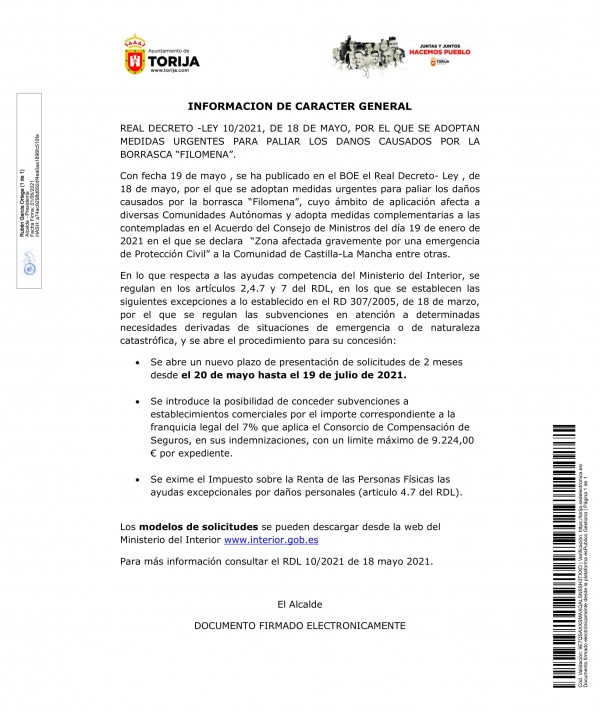 REAL DECRETO -LEY 10/2021, DE 18 DE MAYO, POR EL QUE SE ADOPTAN MEDIDAS URGENTES PARA PALIAR LOS DANOS CAUSADOS POR LA BORRASCA “FILOMENA”.