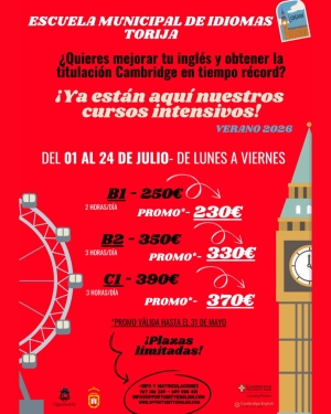 LA ESCUELA MUNICIPAL DE IDIOMAS DE TORIJA LANZA CURSOS INTENSIVOS DE INGLÉS PARA OBTENER LA TITULACIÓN CAMBRIDGE EN TIEMPO RÉCORD