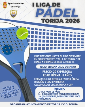 TORIJA LANZA SU I LIGA DE PÁDEL 2026: INSCRIPCIONES ABIERTAS HASTA EL 31 DE DICIEMBRE