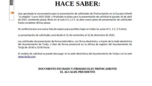 EL AYUNTAMIENTO DE TORIJA REABRE EL PLAZO DE INSCRIPCIÓN PARA LA ESCUELA INFANTIL "LA ABEJITA" HASTA EL 12 DE DICIEMBRE