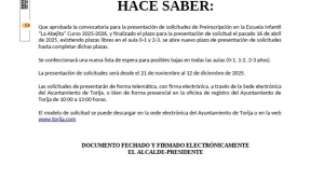 EL AYUNTAMIENTO DE TORIJA REABRE EL PLAZO DE INSCRIPCIÓN PARA LA ESCUELA INFANTIL "LA ABEJITA" HASTA EL 12 DE DICIEMBRE
