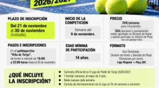 SE ABRE LA INSCRIPCIÓN PARA LA II LIGA DE PÁDEL LOCAL DE TORIJA 2026/2027 HASTA EL 30 DE NOVIEMBRE