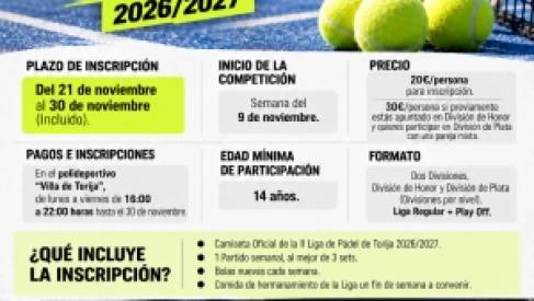 SE ABRE LA INSCRIPCIÓN PARA LA II LIGA DE PÁDEL LOCAL DE TORIJA 2026/2027 HASTA EL 30 DE NOVIEMBRE